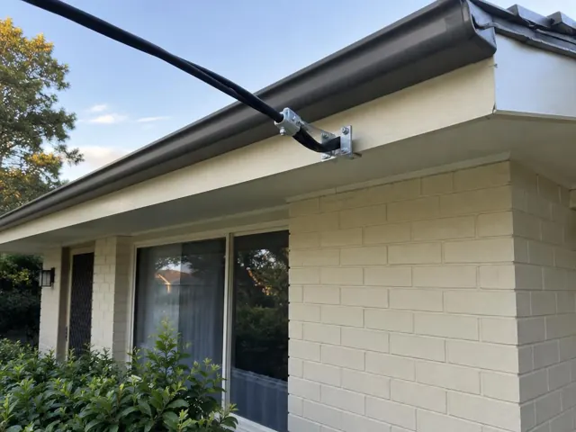 Overhead service cable and point-of-attachment bracket on a brick house exterior in Chisholm